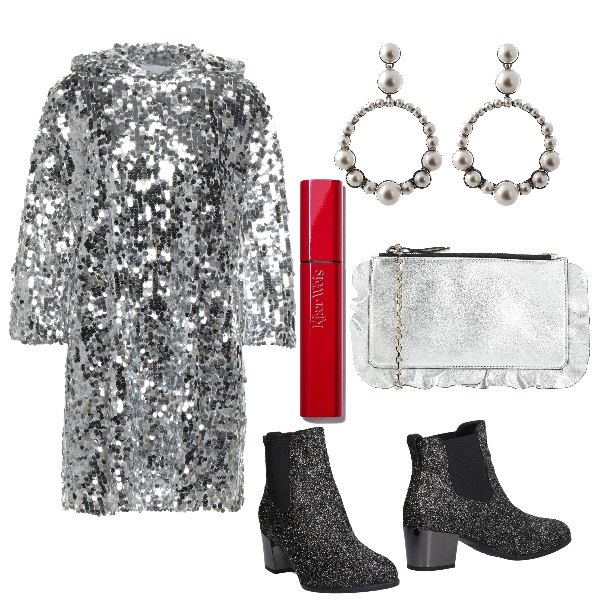 Outfit donna - Festività. Stile Glamour per Serata fuori. Abbinamento con stivaletti chelsea, borse a tracolla, orecchini, vestiti corti, mascara.