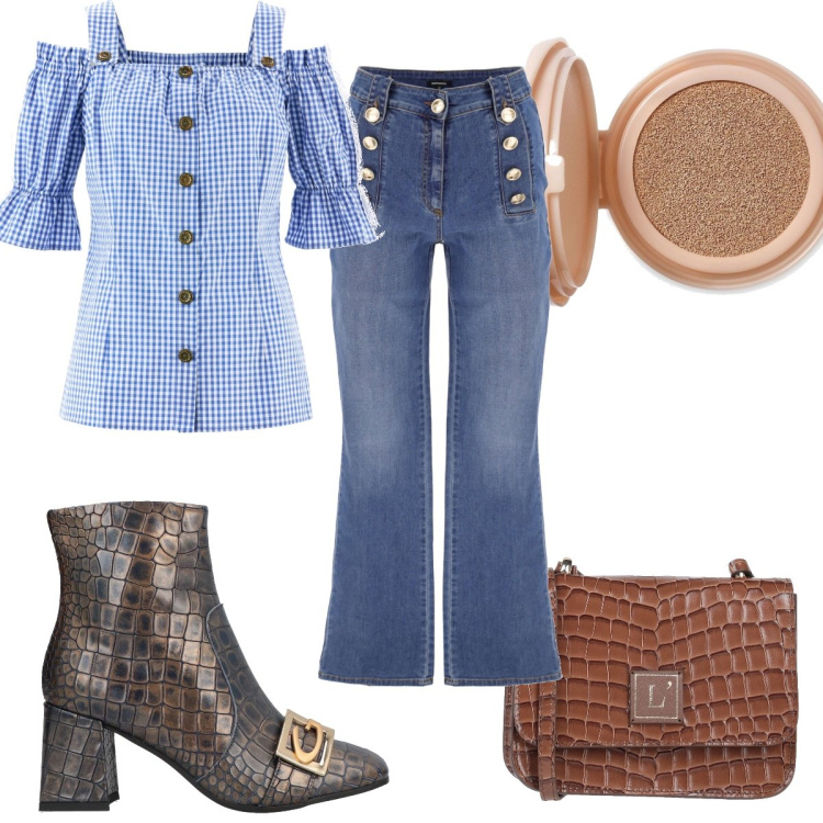 Outfit donna - Un jeans boho. Stile Boho per Tutti i giorni. Abbinamento con camicie a manica corta, stivaletti, borse a tracolla, jeans, fondotinta.