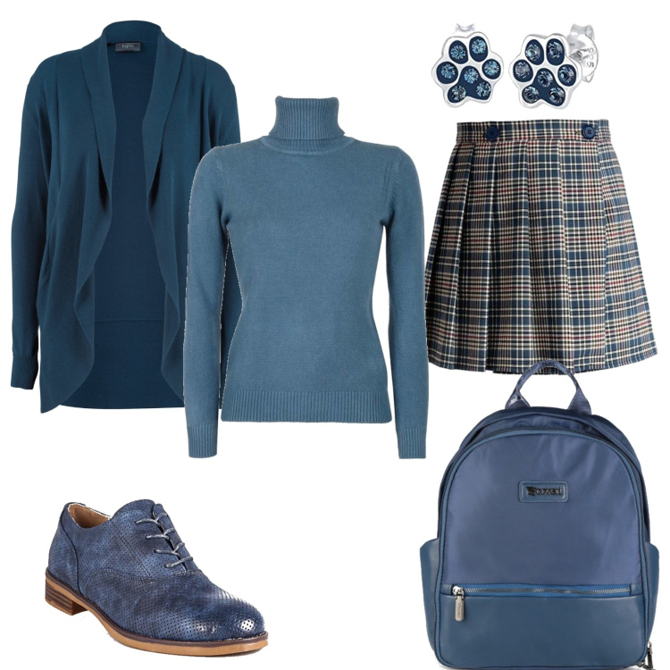 Outfit donna - Minigonna collegiale e collo alto. Stile Trendy per Tutti i giorni. Abbinamento con cardigans, minigonne, maglieria, francesine, zaini, orecchini.