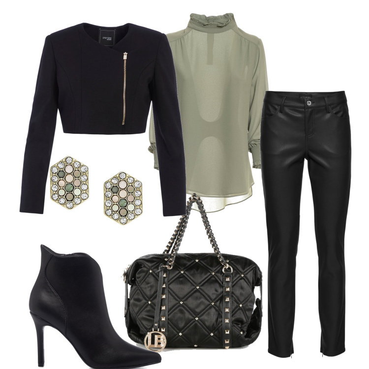 Outfit donna - Urban #9365. Stile Urban per Serata fuori. Abbinamento con pantaloni, borse a mano, bluse, bolero, stivaletti, orecchini.