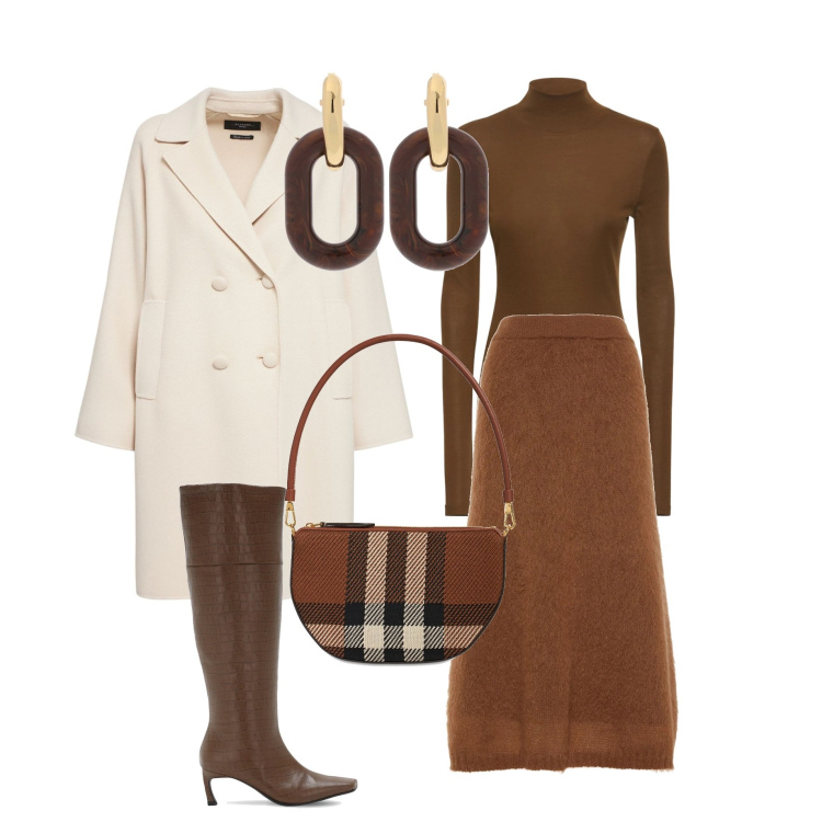 Outfit donna - Casual chic #26364. Stile Casual chic per Ufficio. Abbinamento con gonne longuette, stivali, cappotti, orecchini, borse a spalla, top.