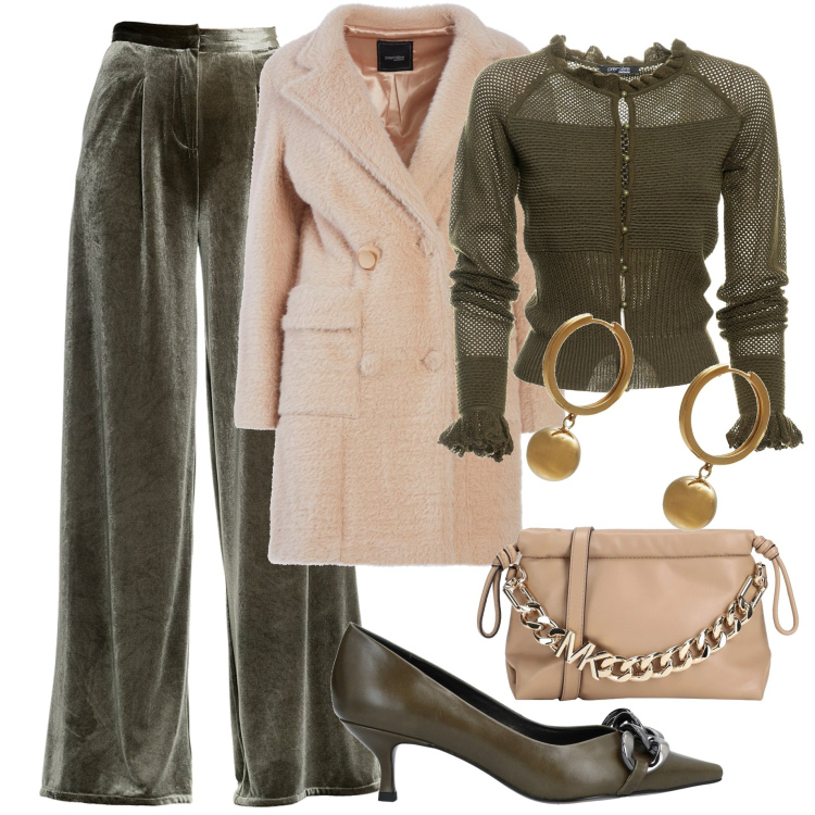 Outfit donna - Bon Ton #9183. Stile Bon Ton per Serata fuori. Abbinamento con décolleté, orecchini, borse a tracolla, pantaloni a palazzo, maglieria, cappotti.