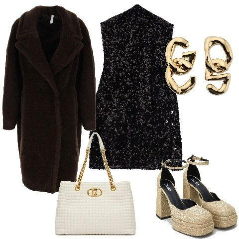 Outfit donna - Imperial - Black Friday 2022. Stile Glamour per Serata fuori. Abbinamento con orecchini, borse a mano, cappotti, vestiti corti, décolleté.