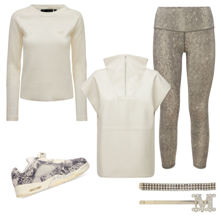 Outfit donna - Gymn glam. Stile Chic per Tutti i giorni. Abbinamento con giacche, accessori per capelli, leggings, sneakers, top.