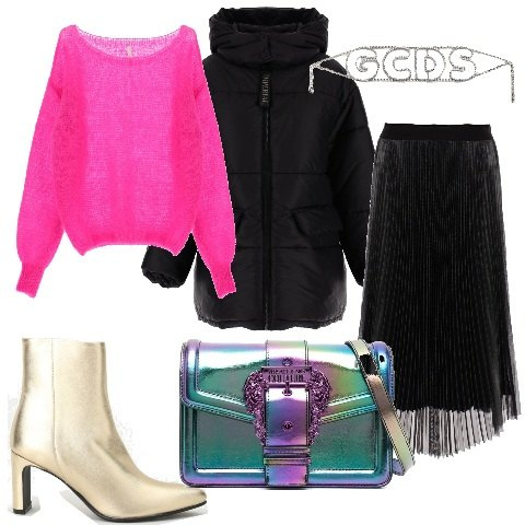Outfit donna - Imperial - Black Friday 2022. Stile Chic per Serata fuori. Abbinamento con collane, borse a tracolla, gonne longuette, pullovers, piumini, stivaletti.