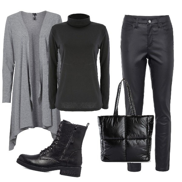 Outfit donna - Black. Stile Rock per Tutti i giorni. Abbinamento con cardigans, pantaloni skinny, shopping bag, t-shirt, anfibi.