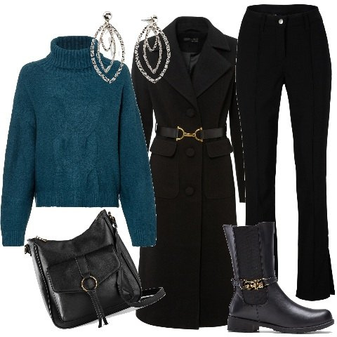 Outfit donna - BonPrix - Black Friday 2022. Stile Glamour per Serata fuori. Abbinamento con cappotti, maglieria, pantaloni, stivaletti, borse a tracolla, pantaloni a palazzo.