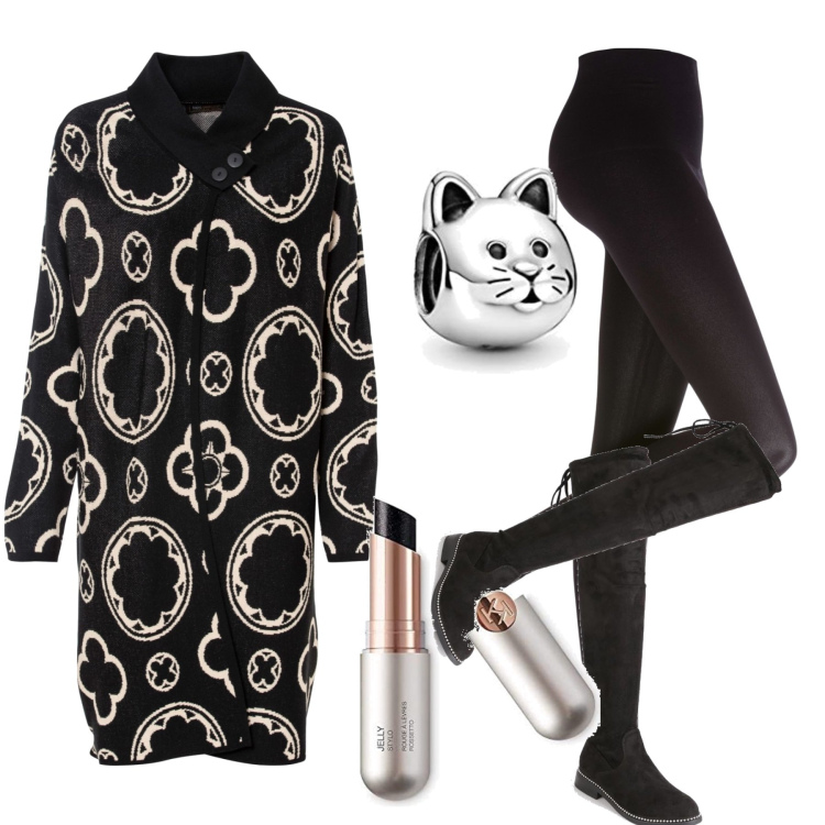 Outfit donna - Gattina. Stile Glamour per Serata fuori. Abbinamento con leggings, cardigans, stivali sopra il ginocchio, rossetti, braccialetti.