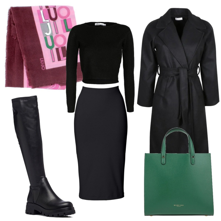 Outfit donna - Black & Color per l\'Inverno. Stile Basic per Serata fuori. Abbinamento con gonne longuette, borse a mano, cappotti, pullovers, sciarpe, stivali.