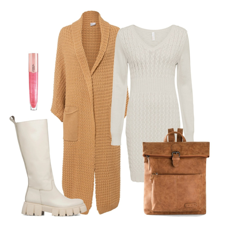 Outfit donna - Lana su lana. Stile Casual per Tutti i giorni. Abbinamento con vestiti, zaini, cardigans, stivali, gloss.