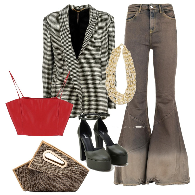 Outfit donna - Total look #1476618. Stile Casual chic per Tutti i giorni. Abbinamento con top, jeans dritti, giacche, clutch, décolleté, collane.
