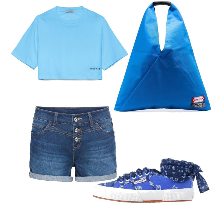Outfit donna - Borsa grande blu. Stile Basic per Tutti i giorni. Abbinamento con shorts, sneakers, t-shirt, borse tote.