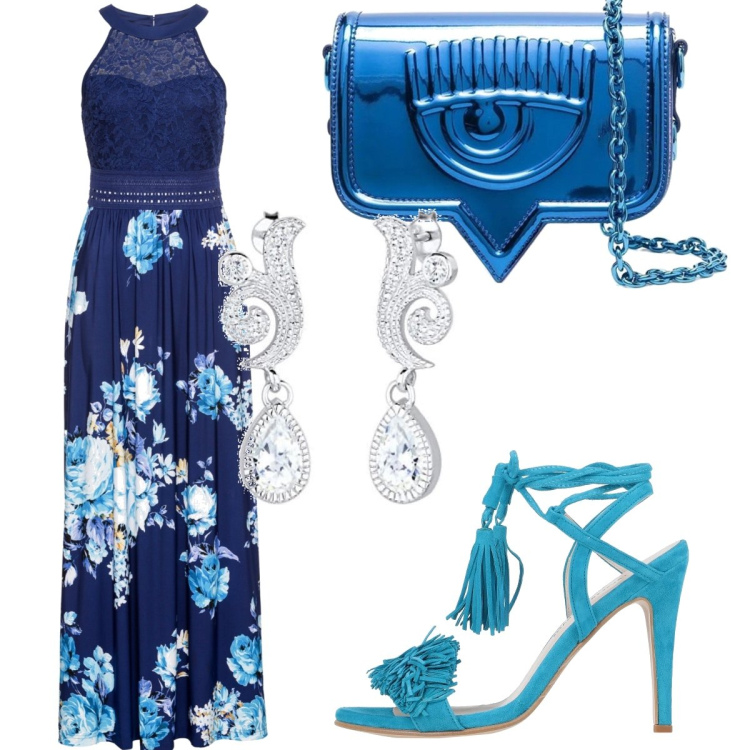 Outfit donna - Sandalo azzurro. Stile Chic per Cerimonia. Abbinamento con vestiti lunghi, sandali in pelle, borse a tracolla, orecchini.