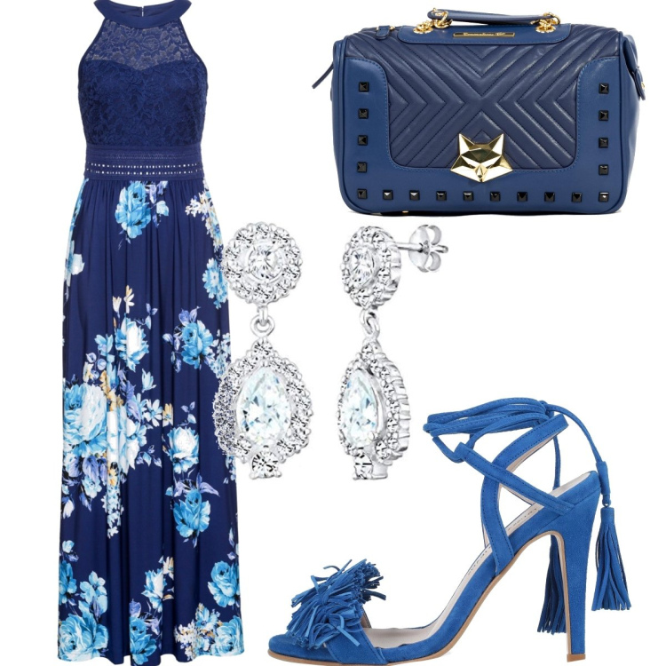 Outfit donna - Sandalo blu elettrico con frange. Stile Chic per Cerimonia. Abbinamento con vestiti lunghi, sandali in pelle, borse a mano, orecchini.