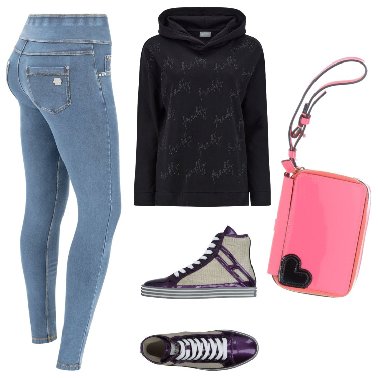 Outfit donna - Sporty chic. Stile Sporty chic per Tutti i giorni. Abbinamento con sneakers, borse a mano, felpe con cappuccio, pantaloni.