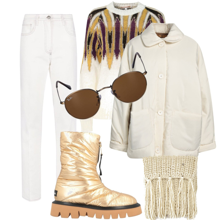 Outfit donna - Passeggiata ad alta quota. Stile Urban per Tutti i giorni. Abbinamento con stivaletti, piumini, jeans dritti, sciarpe, maglieria, occhiali da sole.