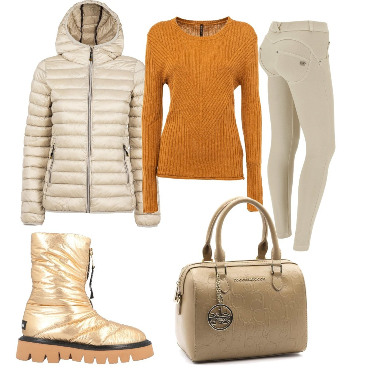 Outfit donna - Maglioncino arancione. Stile Casual per Tutti i giorni. Abbinamento con stivaletti, piumini, maglieria, borse a mano, pantaloni skinny.