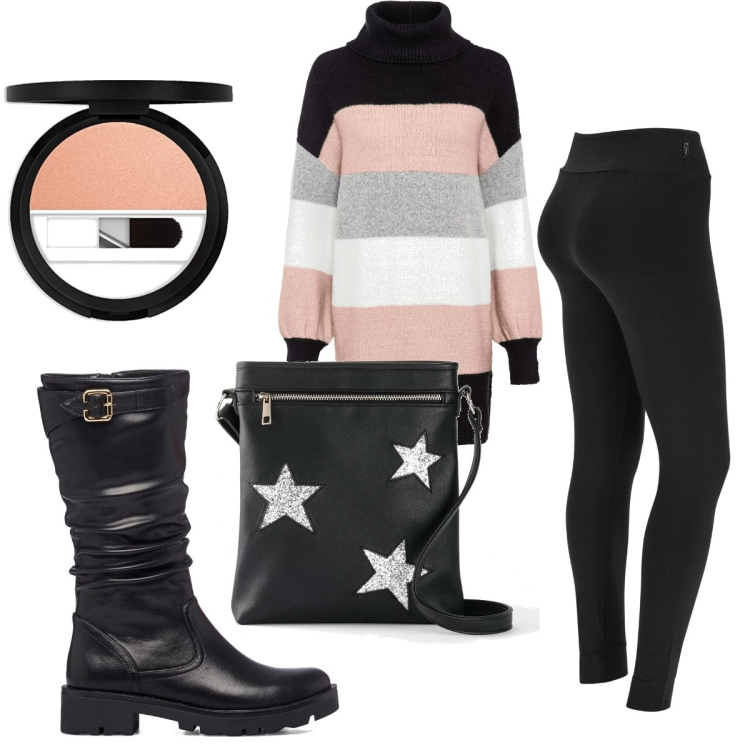 Outfit donna - Trendy #19575. Stile Trendy per Tutti i giorni. Abbinamento con maglieria, borse a tracolla, leggings, stivali, blush.