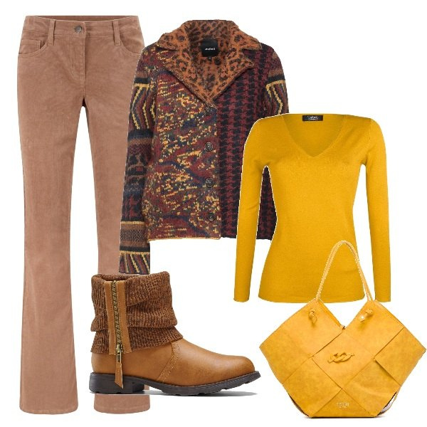 Outfit donna - Aggiungi il giallo al tuo inverno. Stile Casual per Tutti i giorni. Abbinamento con pantaloni, stivaletti, blazer, pullovers, borse a spalla.