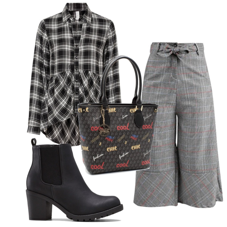 Outfit donna - Total look #1476852. Stile Trendy per Tutti i giorni. Abbinamento con stivaletti, camicie, pantaloni culotte, shopping bag.