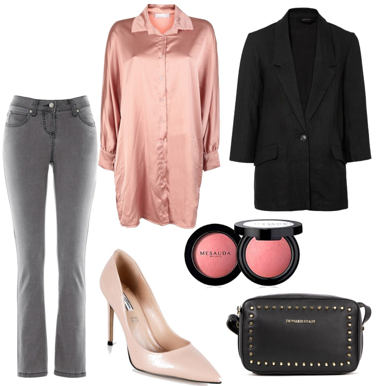Outfit donna - Casual chic #26426. Stile Casual chic per Ufficio. Abbinamento con jeans slim fit, blazer, décolleté, camicie, borse a tracolla, blush.