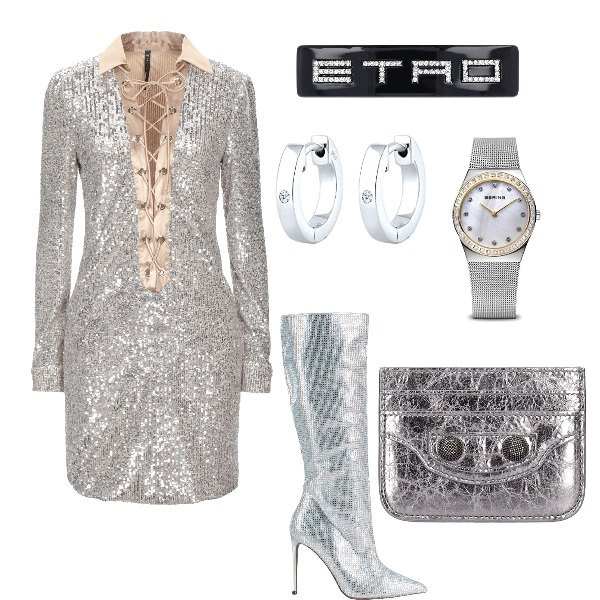 Outfit donna - Un Natale argento!. Stile Glamour per Serata fuori. Abbinamento con stivali, vestiti corti, accessori per capelli, portafogli, orecchini, orologi.