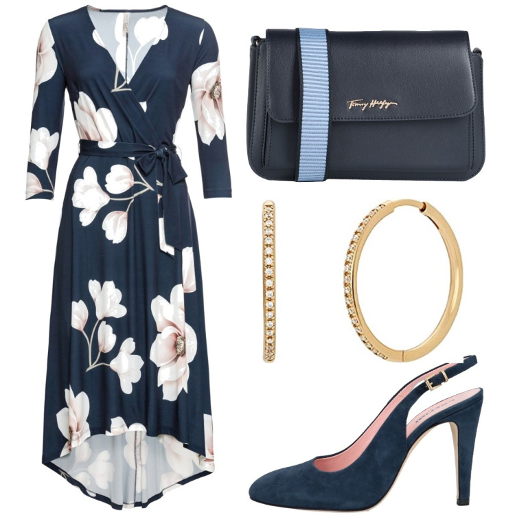Outfit donna - Orecchini oro a forma di cerchi. Stile Chic per Cerimonia. Abbinamento con vestiti lunghi, décolleté, borse a spalla, orecchini.