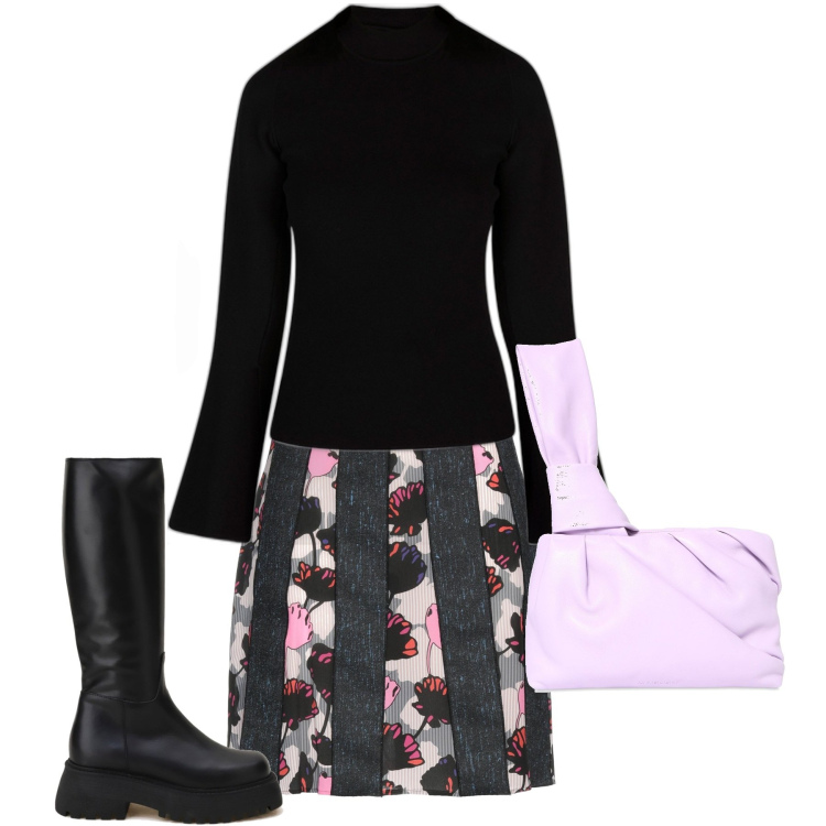 Outfit donna - Una gonna che merita. Stile Casual chic per Tutti i giorni. Abbinamento con minigonne, stivali, maglieria, pochette.