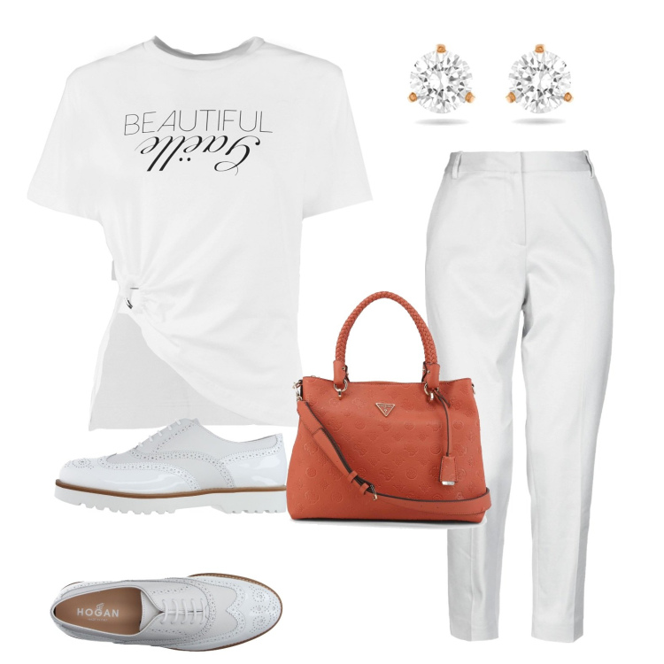 Outfit donna - Look semplice candido. Stile Glamour per Tutti i giorni. Abbinamento con scarpe stringate, pantaloni, t-shirt, borse a mano, orecchini.