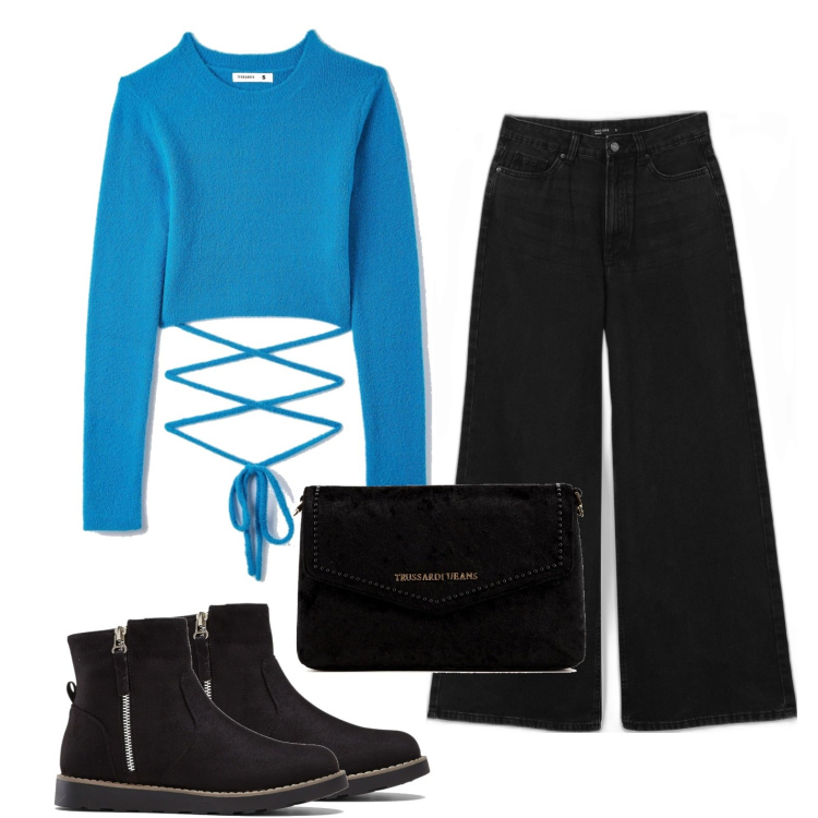 Outfit donna - Signorina Ramona. Stile Casual per Scuola/Università. Abbinamento con stivaletti, maglieria, borse a tracolla, jeans.