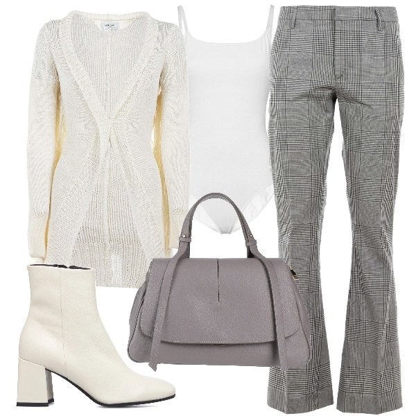 Outfit donna - Trendissmi pantaloni a zampa. Stile Trendy per Ufficio. Abbinamento con borse a mano, pantaloni, cardigans, body, stivaletti.