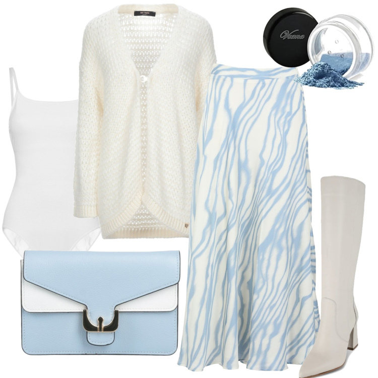 Outfit donna - Delicatezza invernale. Stile Chic per Tutti i giorni. Abbinamento con gonne lunghe, borse a mano, cardigans, stivali, body, ombretti.