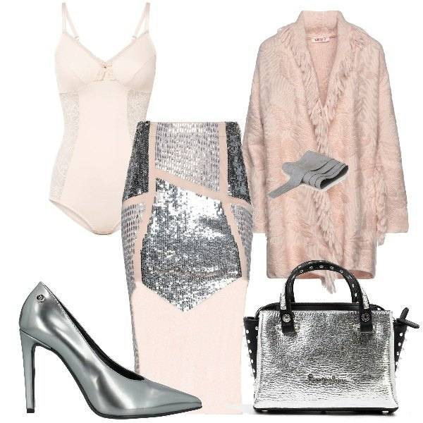 Outfit donna - Serata con paillettes. Stile Chic per Serata fuori. Abbinamento con body, cardigans, gonne longuette, décolleté, cinture, borse a mano.