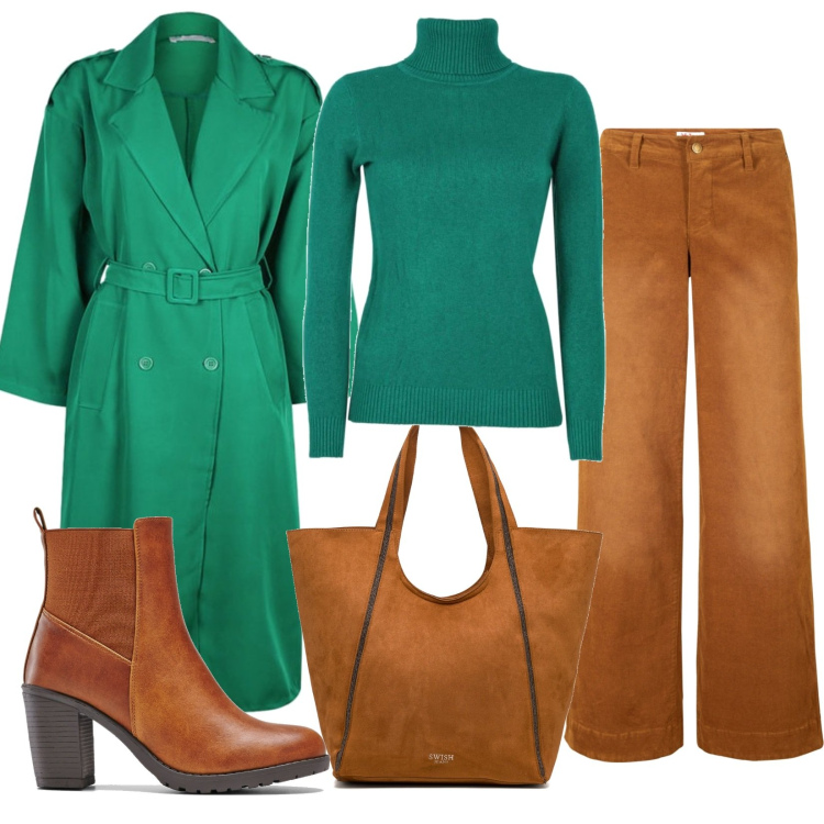 Outfit donna - Smeraldo e tabacco. Stile Casual chic per Tutti i giorni. Abbinamento con pantaloni, stivaletti, cappotti, maglieria, borse a spalla.