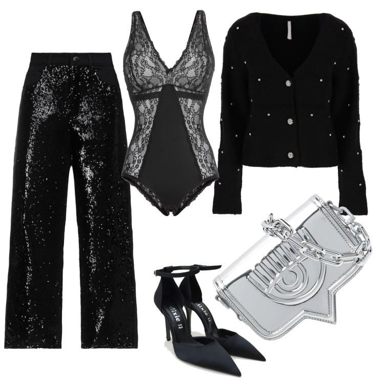 Outfit donna - Xmas party. Stile Sexy per Serata fuori. Abbinamento con body, pantaloni, borse a tracolla, cardigans, décolleté.