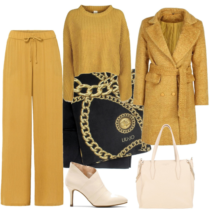 Outfit donna - Giornata di shopping in centro. Stile Casual chic per Tutti i giorni. Abbinamento con pantaloni, stivaletti, borse a mano, cappotti, maglieria, sciarpe.