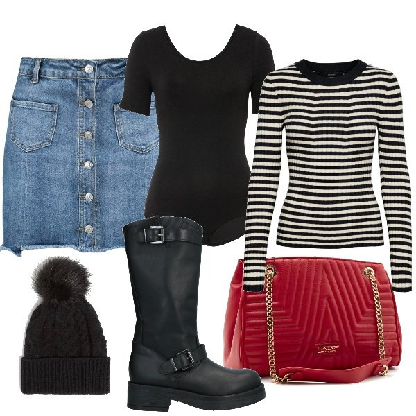 Outfit donna - Si parte per Parigi. Stile Trendy per Tutti i giorni. Abbinamento con body, stivali, minigonne, borse a tracolla, sciarpe, pullovers.