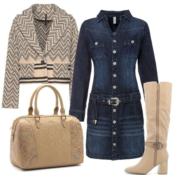 Outfit donna - Blu e sabbia. Stile Casual per Tutti i giorni. Abbinamento con vestiti, cappotti, borse a mano, stivali sopra il ginocchio.