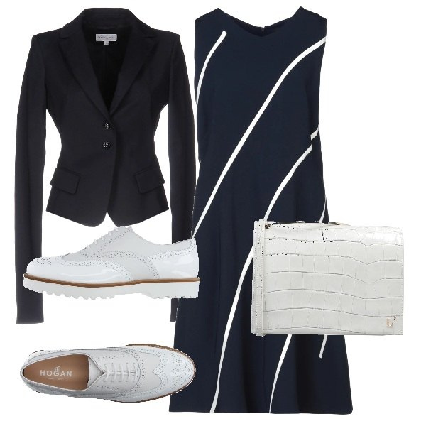 Outfit donna - Ufficio in bianco e blu. Stile Casual chic per Ufficio. Abbinamento con scarpe stringate, vestiti midi/longuette, blazer, borse a mano.