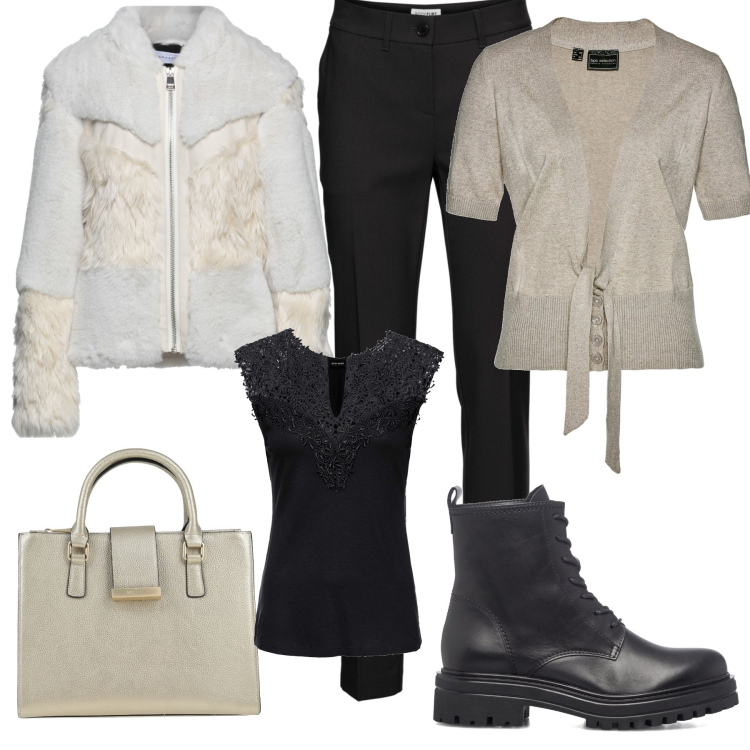 Outfit donna - Comfort in ufficio. Stile Casual chic per Ufficio. Abbinamento con pantaloni, top, cardigans, cappotti, borse a mano, anfibi.