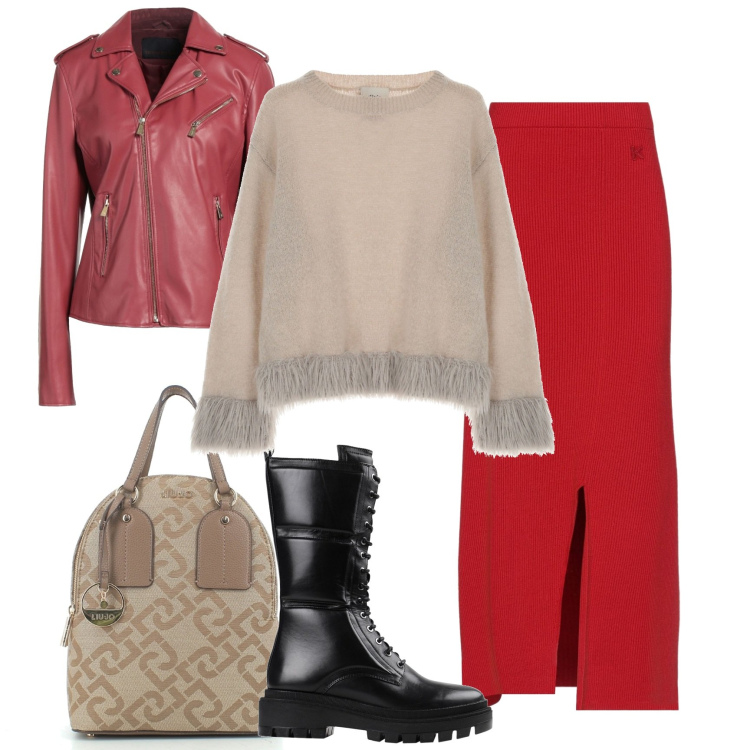 Outfit donna - La gonna Kenzo. Stile Trendy per Tutti i giorni. Abbinamento con stivali, gonne longuette, giacche, zaini, pullovers.