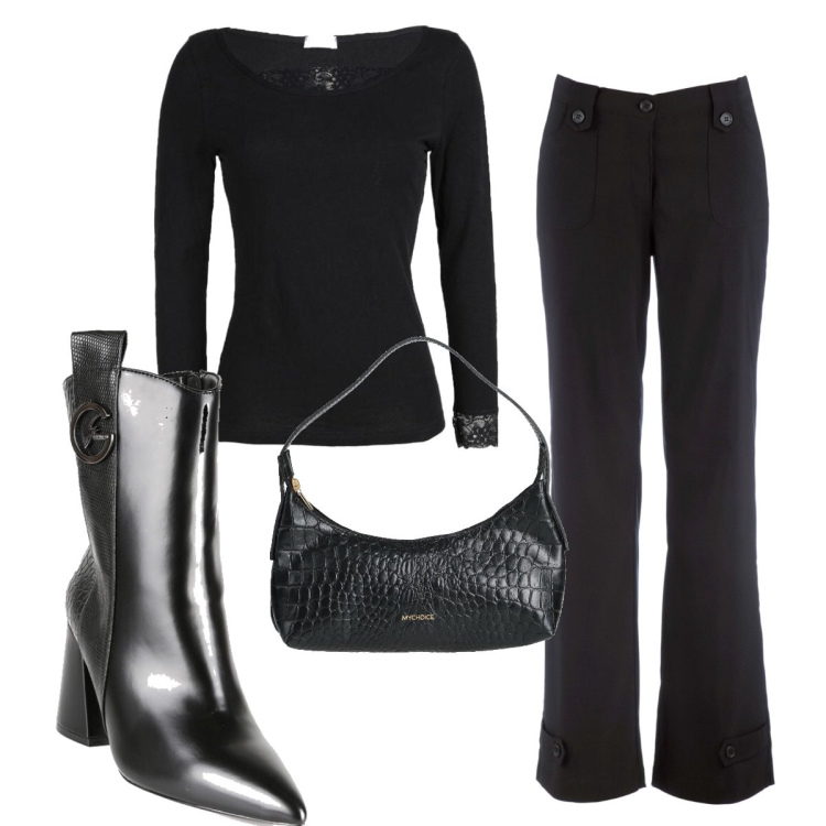 Outfit donna - Total look #1477679. Stile Sexy per Serata fuori. Abbinamento con pantaloni, borse a mano, maglieria, stivaletti.