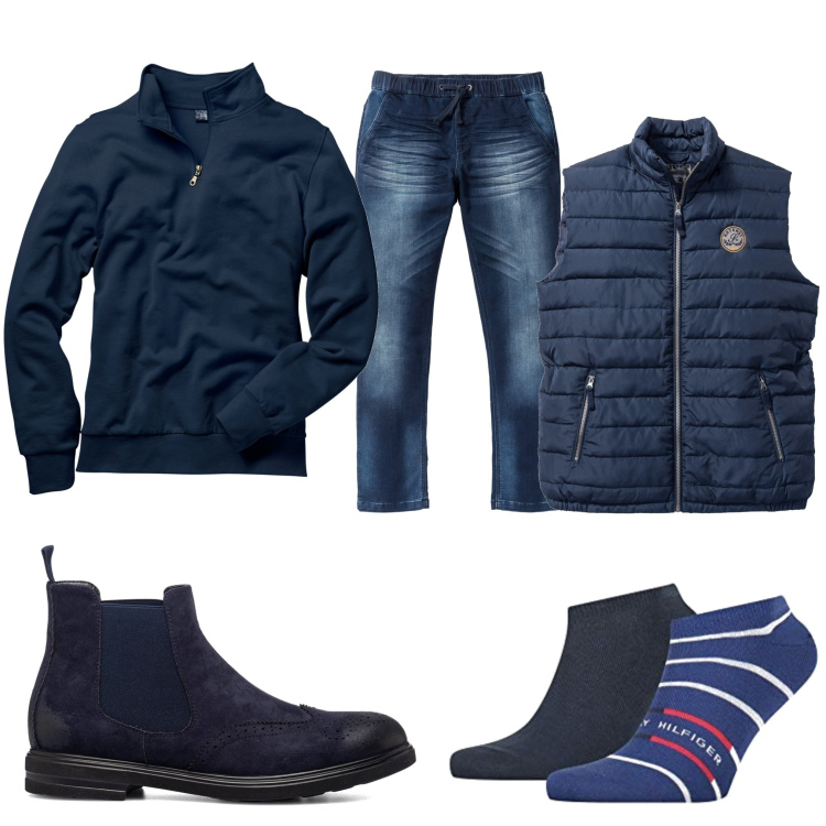 Outfit uomo - Total look #1477796. Stile Urban per Tutti i giorni. Abbinamento con felpe, jeans slim fit, gilet, stivali e stivaletti, calzini.
