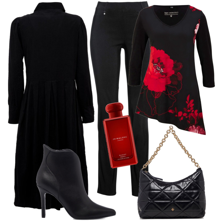 Outfit donna - Fiori rossi. Stile Casual chic per Tutti i giorni. Abbinamento con pantaloni, maglieria, vestiti midi/longuette, stivaletti, borse a tracolla, profumi.