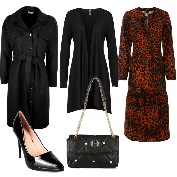 Outfit donna - L\'abito animalier. Stile Trendy per Serata fuori. look ideale per Tall. Abbinamento con cardigans, vestiti midi/longuette, décolleté, cappotti, borse a mano.