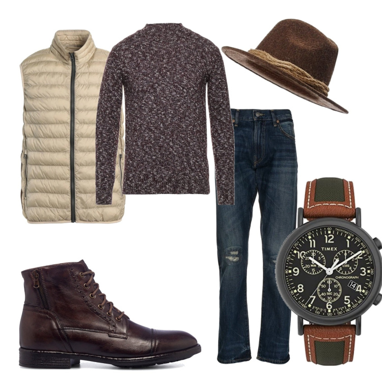 Outfit uomo - In campagna. Stile Trendy per Tutti i giorni. Abbinamento con pullovers, piumini, jeans dritti, anfibi, cappelli, orologi.