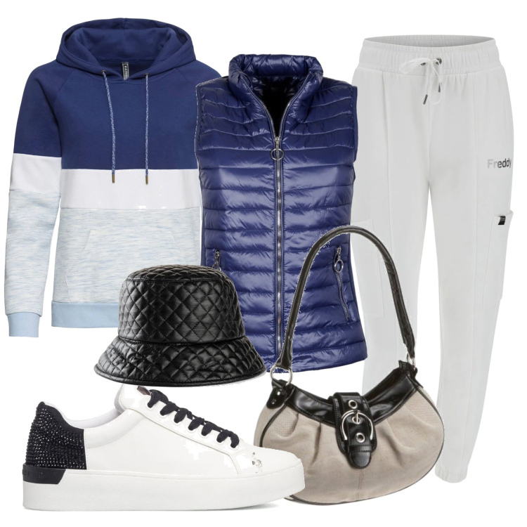 Outfit donna - Sportiva con stile. Stile Basic per Sport. Abbinamento con cappelli con visiera, felpe con cappuccio, gilet, pantaloni cargo, sneakers, borse sportive.