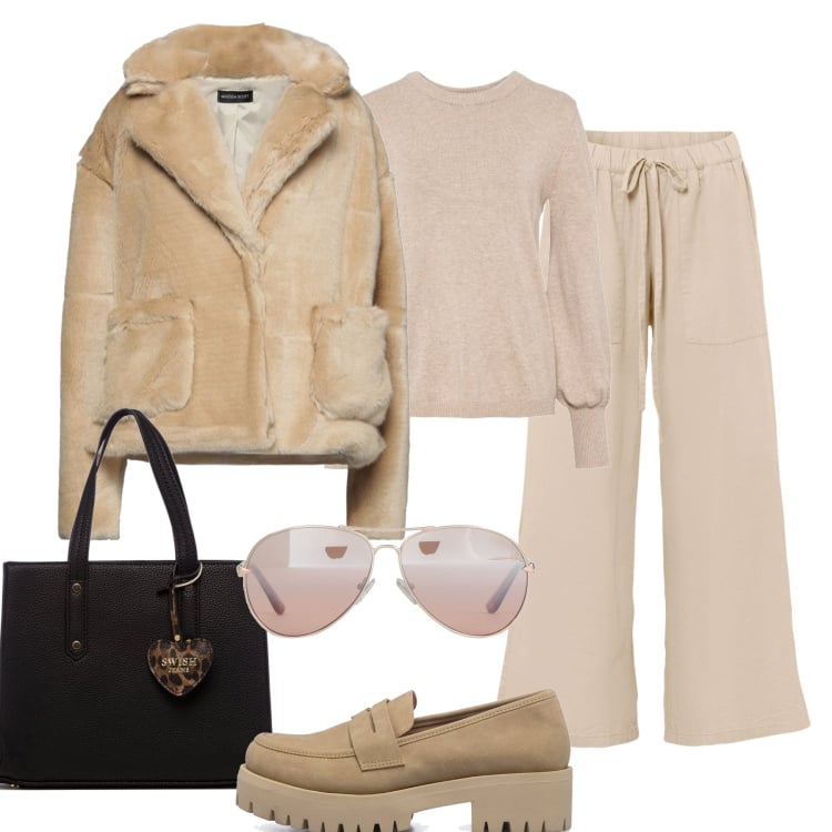 Outfit donna - Comoda per lo shopping. Stile Trendy per Tutti i giorni. Abbinamento con cappotti, occhiali da sole, maglieria, pantaloni, mocassini, borse a mano.