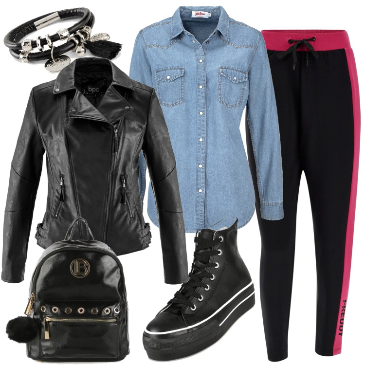Outfit donna - Total look #1478034. Stile Casual per Tutti i giorni. Abbinamento con camicie, blazer, braccialetti, sneakers alte, zaini, pantaloni.