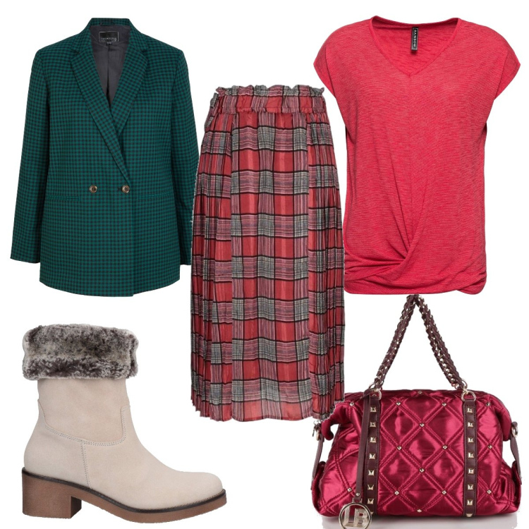 Outfit donna - Un outfit per le feste: colori di Natale. Stile Trendy per Cerimonia. Abbinamento con maglieria, blazer, stivaletti, gonne lunghe, borse a mano.